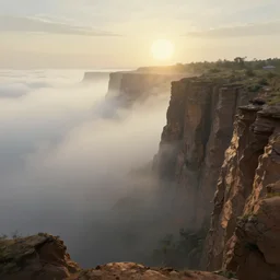 enormous dessert cliffs, thick fog with sun behind it, concept art, illustration, highly detailed, artwork, cinematic lighting, hyper realistic, painting