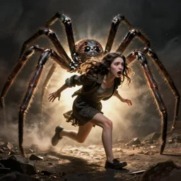 Frightened shrunken woman running from a giant spider, realistic, scary