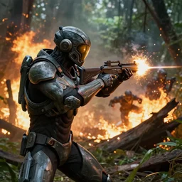 close up Crysis Nanosuit shooting at enemies in a devastated burning exploding jungle combat photography 2022, Canon EOS R3, f/1.4, ISO 200, 1/160s, 8K, RAW, unedited, in-frame,