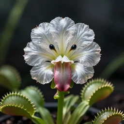 A venus flytrap flower with eyes and a tongue