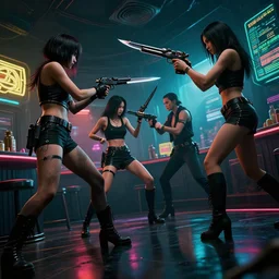 highly detailed photo of gangsters and girls fighting in cyberpunk night adult club, 3 5 mm, guns and blades, low angle, blade runner, akira, cinematic angle, cinematic lighting, reflections, action, fight - n 9