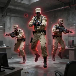 zombie security officers ( beige uniform and caps ) ( floating in red spectral aura ) wield uzis in ( brutalist concrete gray office ) trending on artstation high detail concept art digital painting 4 k 8 k hd