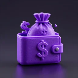 new sleek, small design, futurtistic concept, purple glitter, dollar symbol $, money-wallet :: money-bag, 3d printed, 8k high quality,octane render, dark