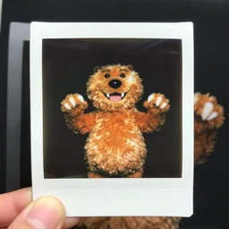 instax polaroid film still of a barney creature with fangs and claws, faded glow, creepypasta