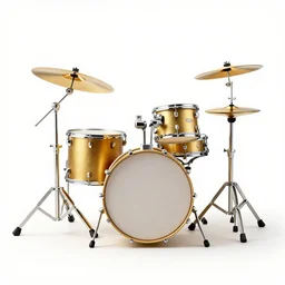 gilded drum kit, stylized 3d render, isolated on a pure white background, centered, entire object in frame, sharp focus, soft studio lighting