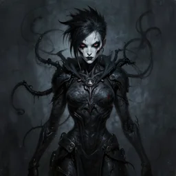 dark portrait painting of tracer from overwatch, in style of zdzisław beksinski, scary, horror, overwatch tracer character, detailed face, dressed in dark garment, black tendrils, tall,