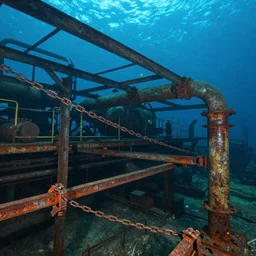 a rusted underwater deep-sea factory. steel beams and iron chains