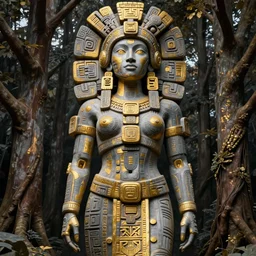 beautiful aztec inca woman colossus full body well proportioned stands among trees by eddie mendoza hyperrealism expressive eyes cyborgess symmetrical very very detailed giger beksinski grey and gold