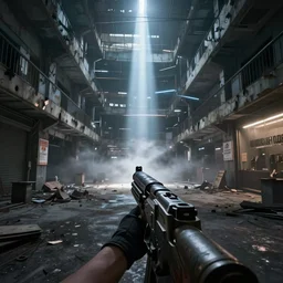 first person view with a gun of a abandoned cyberpunk shopping mall, cinematic lightning, ray tracing, unreal engine, photorealistic fps game concept art, detailed, dark, moody, foggy