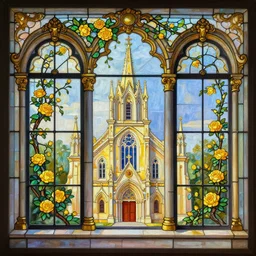a baautiful paintiang of windows made of glazed glass, there is a church with yellow rose vines on the glass, frame composition, divine light, rococo style, baroque style,