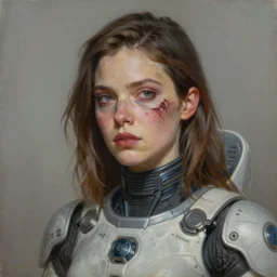 portrait of a heavily scarred woman with a large obvious scar across her cheek from ear to lips, very very beautiful, wearing futuristic interstellar spacesuit, Alexandria's genesis, chin-length hair, bored, illustration, soft lighting, soft details, hyper realism, high detailed, painting oil on canvas by mark arian by artgerm, trending on artstation, 4k, 8k, HD