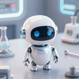 a cute rounded tiny robot looking up at the camera smiling, made out of shiny reflective white metal, standing on a lab table holding lab tools, 3 d realistic render, white neon lighting, pixar style, futuristic, science fiction, high angle shot, macro, wholesome