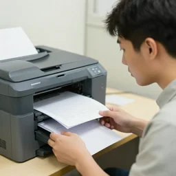 a man staring at a printer, hyper realistic, very detailed.