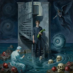 painting of a flooded spanish hospital, a spiral staircase, death, cold, a tall emo non - binary person, holding a courgette, night, skull, rocks by the sea, island, surgeon, pomegranates, a dark angel, a whirlpool, swirls, zen, surrealist, by magritte and monet