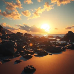 sunset on a rocky beach, greg rutkowski, 3 d model, hyper realism, cinematic shot, volumetric lighting, dramatic ambient lighting, epic composition, fine details, 8 k, concept art, 3 d render, digital art, deviantart artstation, ray tracing, cinematic shot, hyper realism, volumetric lighting, epic composition, fine details
