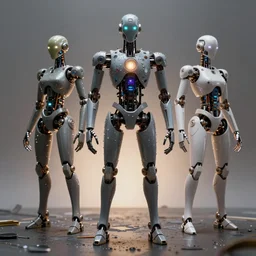 groups of androids with glowing electronic bodies, from behind, rebirth, beauty, wide angle, elaborate, wet, highly detailed, colors, beautiful lighting