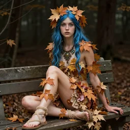 dslr photo of a pretty wood nymph with auburn delicate leaves covering body, full bodied portrait with blue hair, sitting on a bench wearing a flower skirt, and body and wearing hemp sandals and a very detailed faerie necklace around neck, artgerm, artstation, very high quality face, intricate details, extremely high quality, moody lighting, real camera, real photo, photography by deviantart, 8 k, full subject in shot