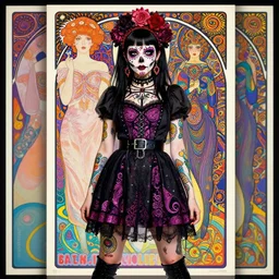 cute punk goth fashion fractal Día de los Muertos tattooed girl posing in goth outfit by David Lachapelle, psychedelic poster art of by Victor Moscoso Rick Griffin Alphonse Mucha Gustav Klimt Ayami Kojima Amano Charlie Bowater, masterpiece