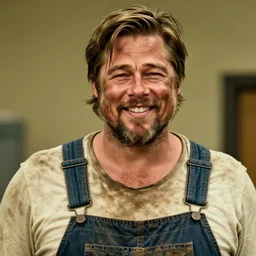 far view, extremely fat obese brad pitt with long beard, wearing dirty overalls, dirty greasy face, grin, portrait, close up, kodak gold 2 0 0, 5 0 mm,