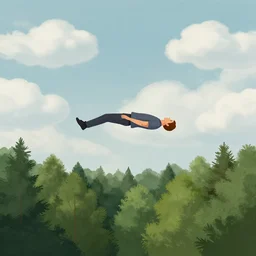 highly detailed illustration of a man floating over a forest while the clouds in the sky seem to be on fire by kilian eng, moebius, nico delort, oliver vernon, joseph moncada, damon soule, manabu ikeda, 4 k resolution