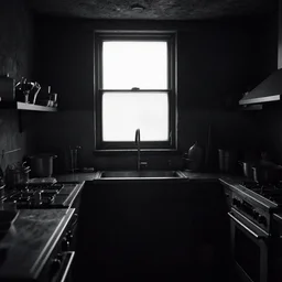 tar tones, underexposed photography, dark underground kitchen, windowless