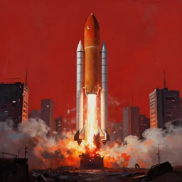the last space launch. apocalyptic. city destroyed in the background. red sky. smoke. cyberpunk. rocket. painting. digital art. high quality. high fidelity. digital art.