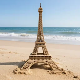 photography of eiffel tower made of sand on the beach with the ocean in background
