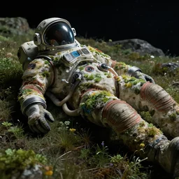 an empty spacesuit covered with vegetation lying on the ground in deep space, close up peter mohrbacher, featured on artstation, octane render, cinematic, rugged, intricate, 8 k