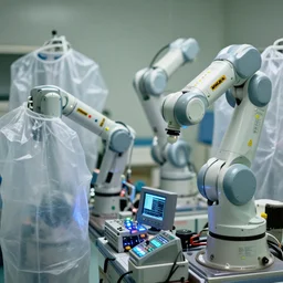 a close up of many small boxy kuka robotic arms, large translucent synthetic garments, hospital, blinking leds, tiny control monitors displaying code, color photo, various levels of details, 5 0 mm sigma lens, high aperture
