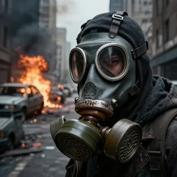 post - apocalyptic city streets, close - up shot of an anarchist with a gasmask, burning cars, explosions, hyperrealistic, gritty, damaged, dark, urban photography, photorealistic, high details
