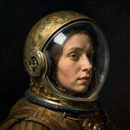 a woman's face in profile, wearing a glass space helmet, in the style of the dutch masters and gregory crewdson, dark and moody