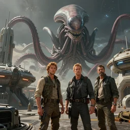 greg rutkowski and raymond swanland digital painting of a planetary base, gigantic tentacle alien approaching in the background, like a scifi action movie, unreal engine, hyper realism, realistic shading, cinematic composition, blender render, octane render, ultrawide shot, 3 5 mm film