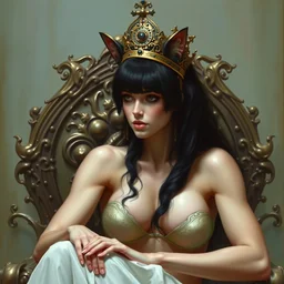 fine portrait of a beautiful black haired woman with pale skin and a crown on her head sitted on an intricate metal throne, hands, art by jeremy pitkin, alphonse mucha, greg rutkowski, tim hildebrandt, boris vallejo, artgerm,........ muscular catgirl