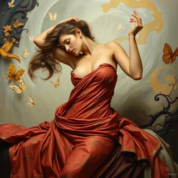 an intricate painting of an artistic pose beautiful nymph with an artistic pose, hyper - detailed, covered in fancy silk cloth with klimt motives, octane render, vivid colors, artstation, by jeremy mann, by alphonse mucha, by boris vallejo, by gustav klimt
