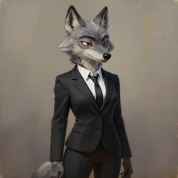 oil painting of anthromorphic female wolf, in style of zootopia, female fursona, furry, furaffinity, 4 k, deviantart, furry art, fursona art, wearing black business suit, business suit, wolf fursona, female, smug expression,
