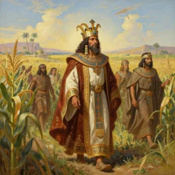 an aztec sorceror in ornate robes leads a procession through a field of corn, fantasy landscape art by asher brown durand