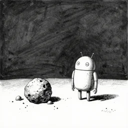 lonely android on small asteroid by edward gorey, monochrome, ink on paper
