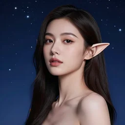 a photorealistic, stunningly beautiful fantasy elf, professionally retouched, soft lighting, hyper realistic, beautifully detailed starry sky in the background, gorgeous round lips, black eyes, brightly colored stars, wide angle, sharp focus, 8 k high definition, 6 4 megapixels, insanely detailed, stunningly beautiful