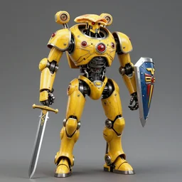 human-sized strong intricate yellow pit droid, longsword and paladin shield, pancake flat head, exposed metal bones, painterly humanoid mecha, full body, sharp focus, cinematic, by Greg Rutkowski