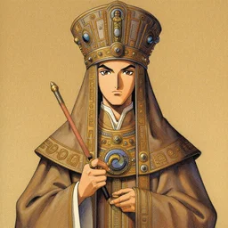a portrait of a scifi technopriest, long robes, elaborate headdress, 8 0 s matte illustration by yoshitaka amano, cover art