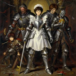 baroque oil painting of key visual portrait full body of anime maid armored holy crusader, brutalist fantasy, rule of thirds golden ratio, fake detail, trending pixiv fanbox, acrylic palette knife, style of makoto shinkai ghibli takashi takeuchi yoshiyuki sadamoto jamie wyeth james gilleard greg rutkowski chiho aoshima