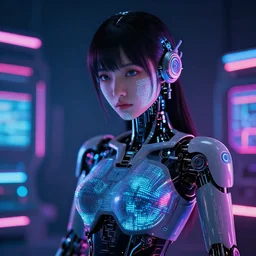 japanese model cyborg with digital led skin, neon lighting, techno neon projector background, portrait photo, intricate details, ultra realistic, unreal engine 5, depth of field, bokeh, octane render, 8 k hd
