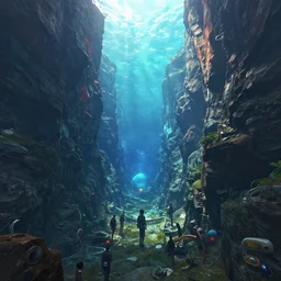 highly detailed vanishing - point of a deep underwater valley in gta v, vivid caustics, stephen bliss, unreal engine, fantasy art by greg rutkowski, loish, rhads, ferdinand knab, makoto shinkai and lois van baarle, ilya kuvshinov, rossdraws, tom bagshaw, global illumination, radiant light, detailed and intricate environment