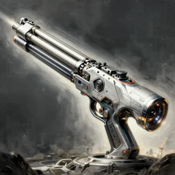 a huge futuristic sci fi gatling gun., smooth, intricate, elegant, power aura, digital painting, artstation, concept art, sharp focus, illustration, art by marco plouffe arstation and riot studios and blizzard studios, high contrast