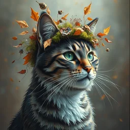 full body wide environmental shot portrait of beautiful cat by irakli nadar with intricate detailed color smashing fluid oil paint and acrylic, dried moss and dried autumn leaves headdress, melting wax, mycelia, abstract impressionism, ruan jia, dark fantasy, hyper detailed, concept art, by gustav klimt,