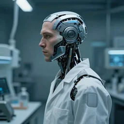a laboratory operator man with cybernetic enhancements seen from a distance, halfbody portrait, scifi character portrait by greg rutkowski, craig mullins, cinematic lighting, dystopian scifi gear, profile picture, mechanical, cyborg, half robot
