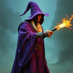 wide shot, acolyte sorcerer, ( ( ( in a purple magician robe ) ) ), with a mask, by alex horley and michael whelan