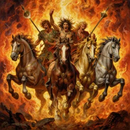 a beautifull painting of the four horsemen of the apocalypse, riding from hell, fiery hell in the background, fear, anger, chaos, verry high details by william turner art, greg rutkowski and alphonse mucha, trending on artstation, very very detailed, masterpiece, vibrant colors