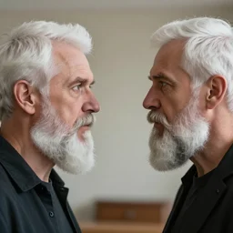 in a room two men with white short hair and thick beards look at each other, turn their faces sideways, look at each other, realistic light, soft light, focus, depth of field, photorealism, 8 k quality, full quality