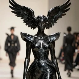 beautifully lit portrait photo of extremely beautiful woman who is a black statue with crow wings on her head, everything is made of black shiny marble, the statue is carved out of black marble, the statue is wearing avant garde comme de garcon haute couture, avant garde, matthew williams, givenchy, balenciaga, yohji yamamoto, japanese avant garde fashion, fashion, paris, runway, collection, beautifully lit, glossy, hd, 4 k, 8 k, extremely clear focus, sharp, award winning fashion photograph